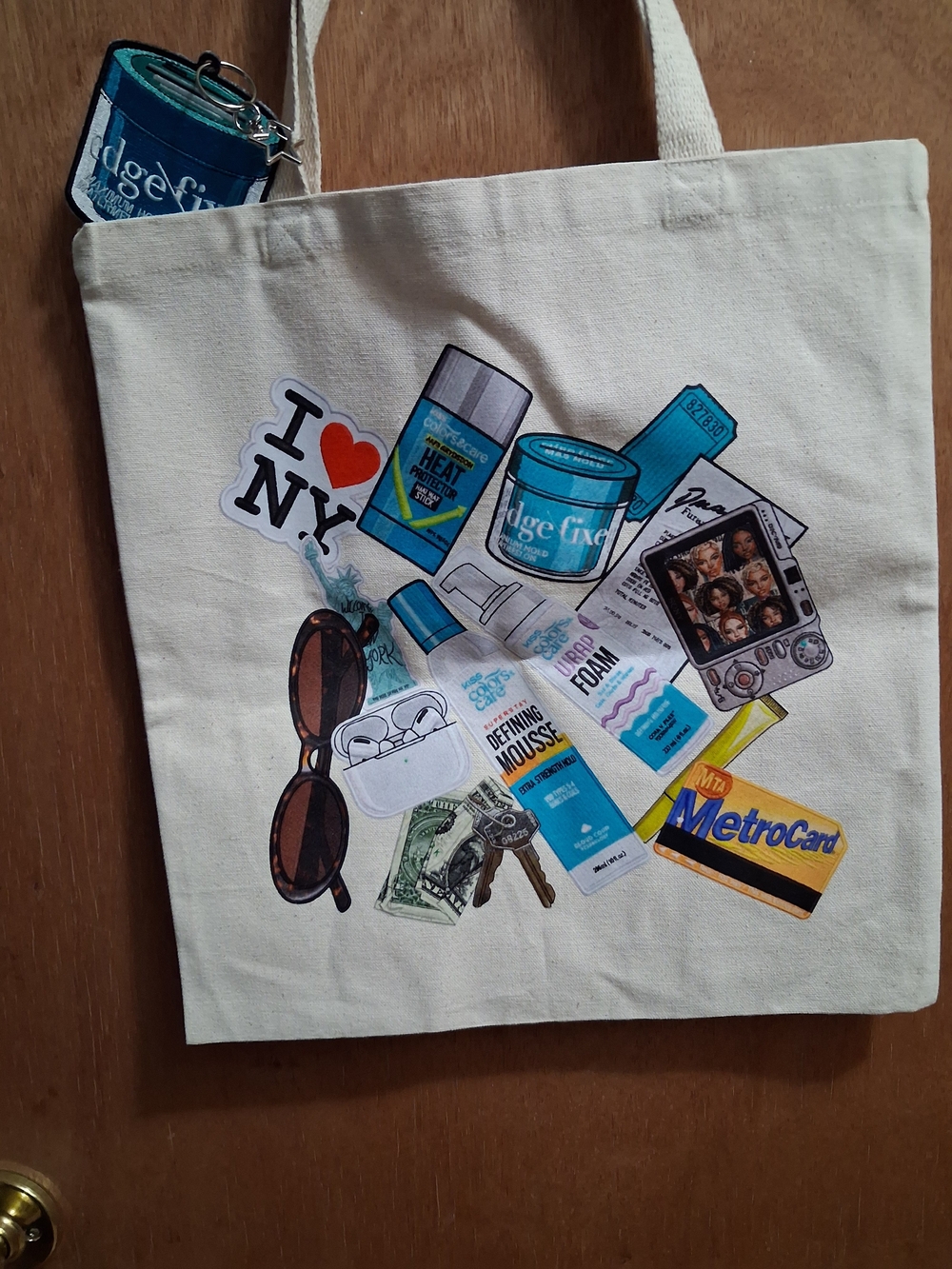 Source Unknown Beige Tote with Blue and Yellow Graphic